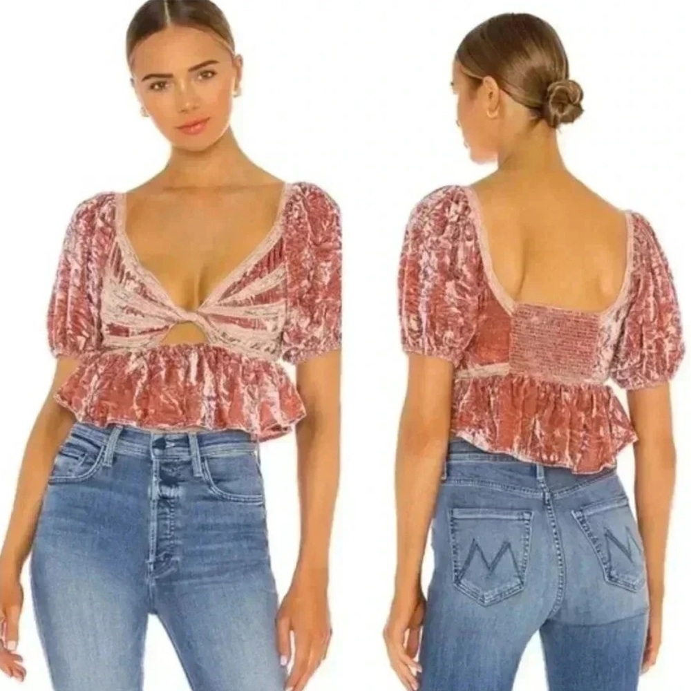 Free People Yours Truly Crushed Velvet Lace Puff Sleeve Peplum Top Pink S Boho